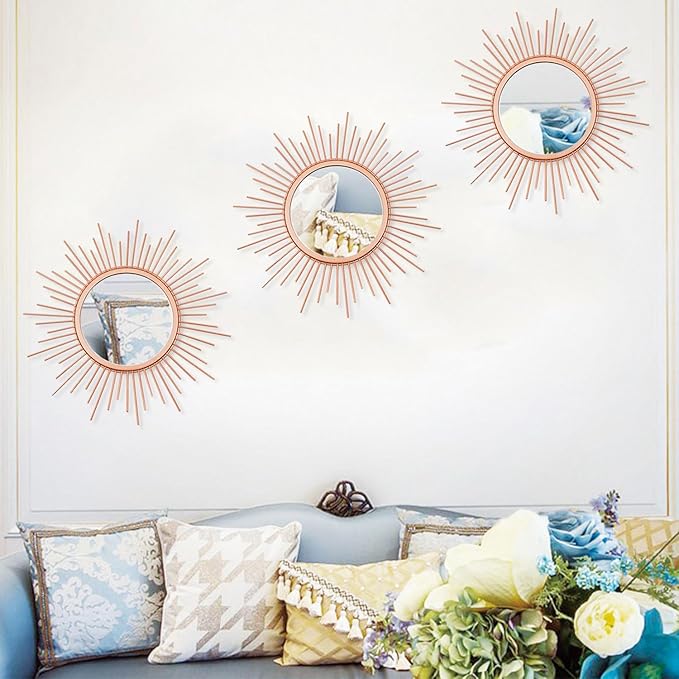 3 Pack Metal Mirrors for Wall Sunburst Wall Mirrors Home Décor Decorative Hanging Wall Art for Living Room Bedroom Entryway (Rose Gold, Sunburst)