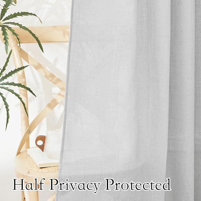 RYB HOME Privacy Sheer Valances for Windows, Semi-Sheer Curtains for Kitchen Small Window Drapes, Dual Rod Pocket & Linen Textured Design, Dove Grey, W 52 in by L 36 in Each Panel, Set of 2