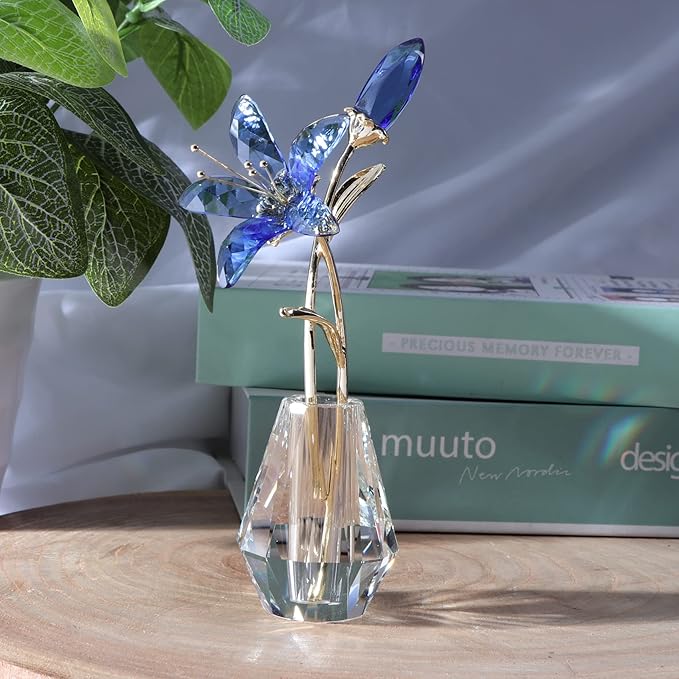Crystal Lily Flower Figurine with Stems, Handmade Collectible Statue for Decoration Mothers Day, Centerpiece, Day, Bridal Shower Gift Pink