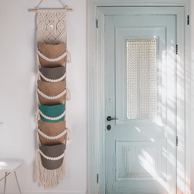 2PCS Macrame Cap Holders Boho Hat Hangers Over Door Ball Cap Rack Organizer Decorative Bohemian Handmade Woven Wall Hanging for Baseball Cap Display Decoration (Ivory, Up to 24 Caps)