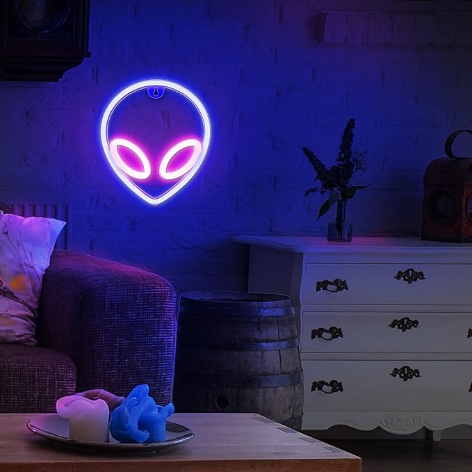 Lumoonosity Alien Neon Sign, Pink and Blue Alien Decorations Neon Lights with On/Off Switch, Cool Alien Light Neon Signs for Bedroom, Gaming Room, Aesthetic Hanging Alien Led Signs for Wall Decor
