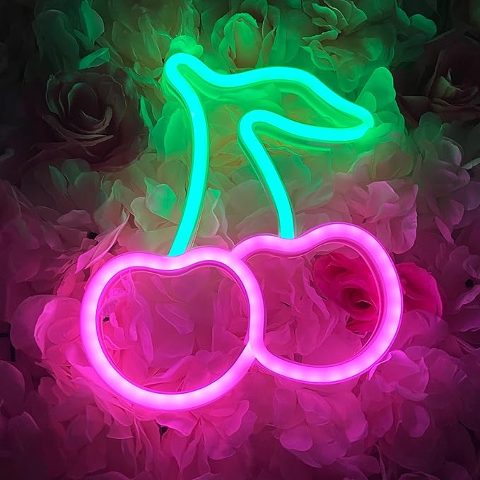 Cherry Neon Sign, Red Green Cherries Neon Lights, Cherry Neon Signs for Wall Decor, Cute Fruits LED Signs for Kids Room,Restaurant,Bar,Fruit Shop,Home Green+Pink