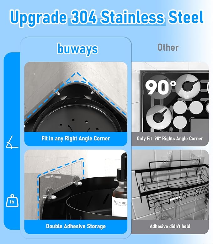 360°Rotating Corner Shower Caddy Shelf With 6 Hooks,2PACK Bathroom Shower Organizer Corner with 5Pcs Adhesive,Stainless Steel Corner Shower Racks for Inside Shower for Home Apartment Decor(Black)