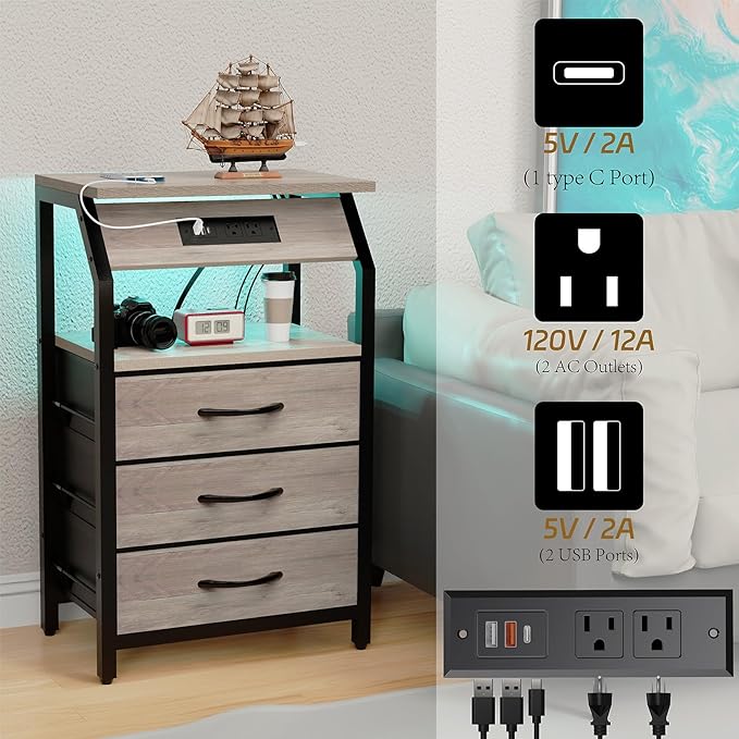 End Table with 3 Drawers, Night Stand with Charger Station and LED Lights, Small Nightstand with Fabric Storage, Farmhouse Side Table for Bedside, Living Room, Dorm, Greige