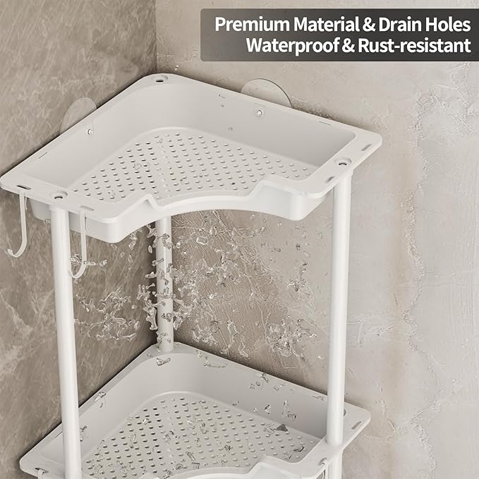 SWTYMIKI Corner Shower Caddy Standing - 5 Tier Floor Standing Shower Organizer with 4 Hooks, Plastic & Stainless Steel Waterproof Corner Stand Shower Shelf Storage Rack for Bathroom, Bathtub, White