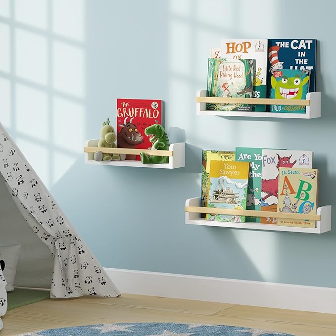 Wallniture Utah Wall Mount Nursery Décor Kids Bookshelf Floating Wall Shelves Book Photo Display Long Varying Sizes Set of 3, White