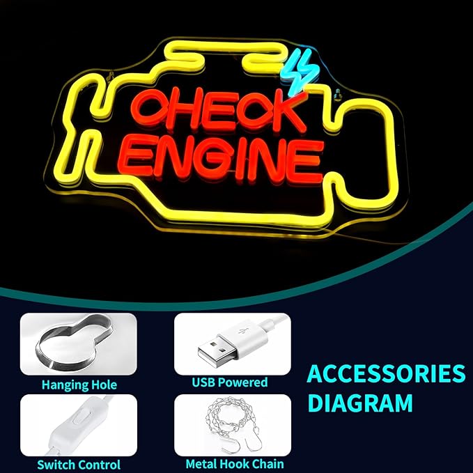 Check Engine Neon Sign Led Neon Signs for Wall Decor Yellow Light Up Sign Preppy Girls Room Decor USB Powered