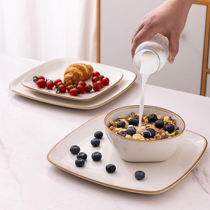 AmorArc Ceramic Dinnerware Sets for 4, 12 Pieces Square Handpainted Plates and Bowls Set, Chip and Scratch Resistant Stoneware Dishes Set, Dishwasher & Microwave Safe, Pearl White