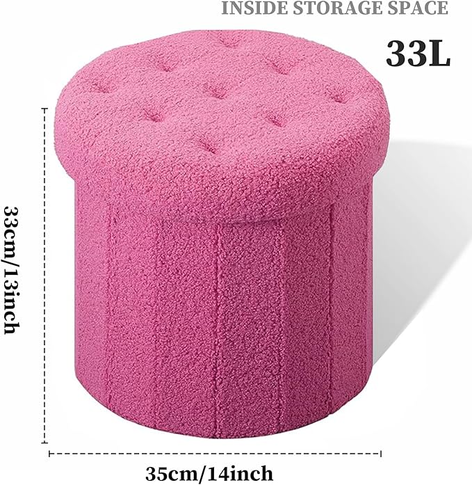 Ottoman with Storage, Foot Rest Stool with Thicker Foam Padded Seat Teddy Velvet Small Round 14“ x 14” x 13 "Inchs Storage Ottoman Bench for Living Room Foldable Pouf Coffee Table 2 Pack, Pink