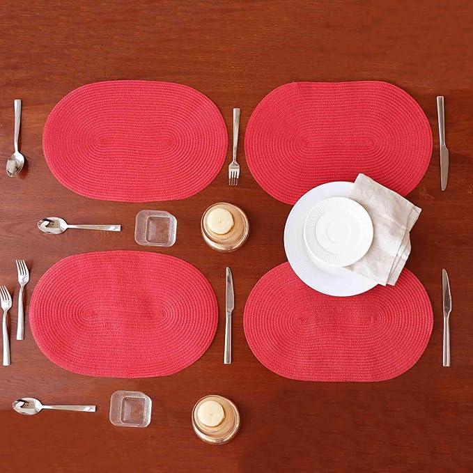 Noctiflorous Oval Braided Placemats Set of 6 Woven 12x18 Inch Non Slip Washable Heat Resistant Place Mats Round Tablemats for Dining Kitchen Party Daily Table Decor Dinner Mats (05 Red Shine, 6)