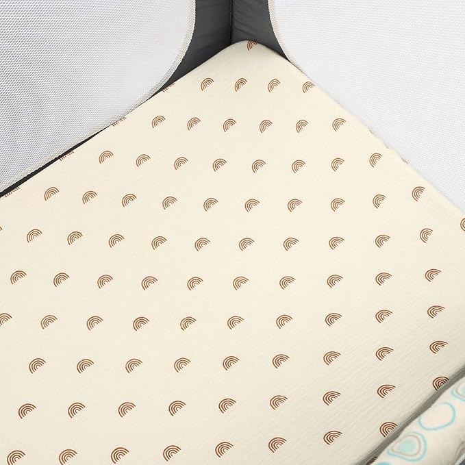 Muslin Pack and Play Sheets 30" x 43" Compatible with 4moms Breeze Plus Playard & Breeze Go Playard and Other Large Playpen Mattress, 100% Cotton 2 Pack, Natural and Rainbow