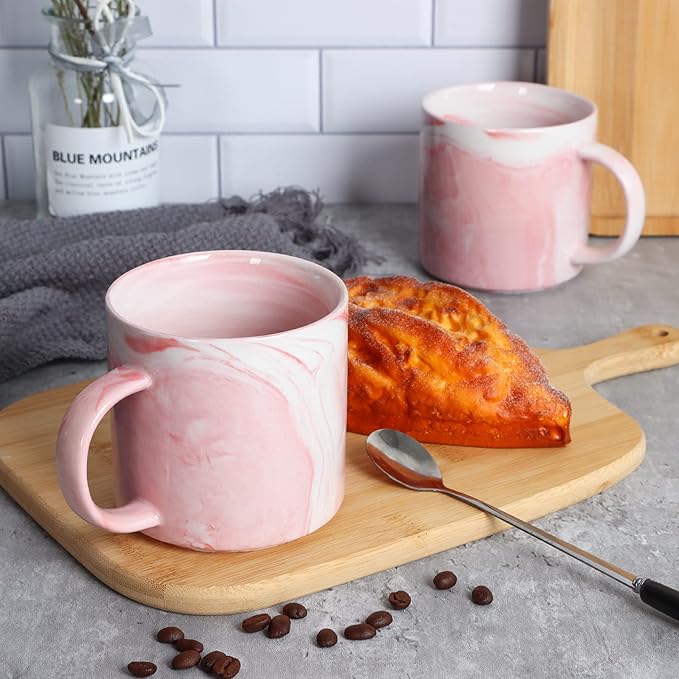 Smilatte 12 oz Stackable Coffee Mugs for Office, M101 Novelty Marble Ceramic Tea Cups for Boy Girl lover Women Men, Set of 4, Pink