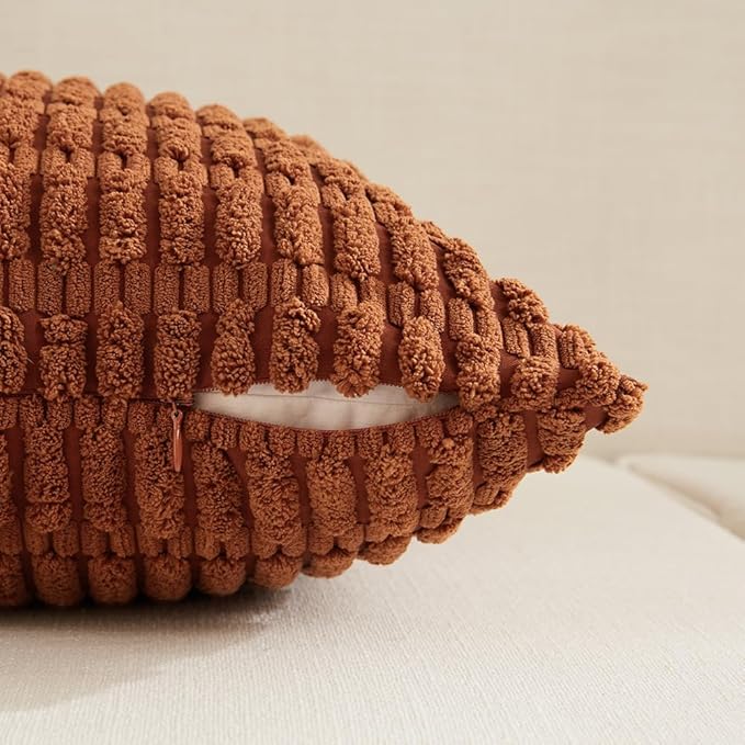 Fancy Homi 4 Packs Rust Decorative Throw Pillow Covers 20x20 Inch for Living Room Couch Bed Sofa, Terracotta Rustic Farmhouse Boho Home Decor, Soft Plush Striped Corduroy Square Cushion Case 50x50 cm