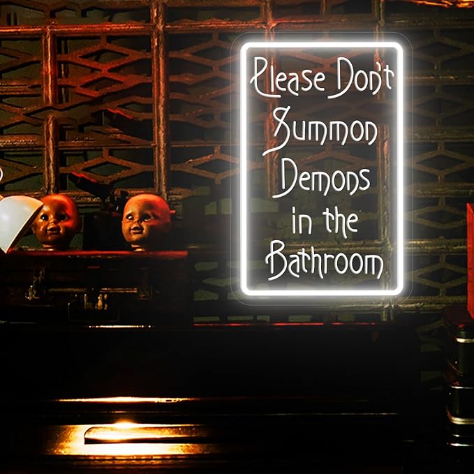 Please Don't Summon Demons in the Bathroom Neon Sign for Wall Decor, USB Powered Switch Adjustable Brightness LED Neon Lights, for Humor Party, Halloween Party, or Christmas