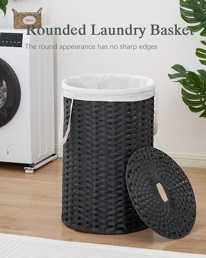 Large Laundry Hamper Laundry Basket Round 34.3 Gal (130 L) Handwoven Wicker Laundry Baskets Rattan Laundry Basket with Laundry Bag Handles 2 Mesh Bags for Living Room Bedroom Black