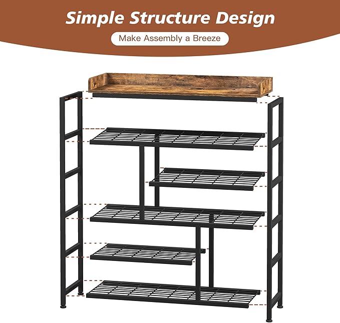 EnHomee Metal Shoe Rack for Entryway, 6 Tier Shoe Storage Organizer Holds 22 Pairs, Wooden Top and Side Pocket for Entry, Entrance, Hallway, Black