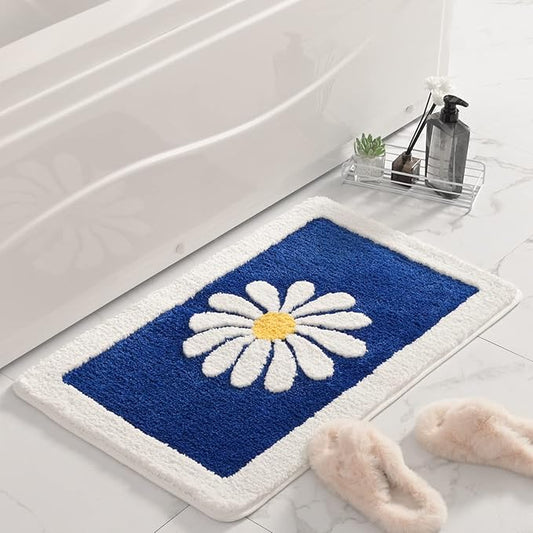 Fluffy Bath Mat, White Flower Soft Superfine Fiber Non Slip Machine Wash Plush Mats, Shower Room (20x32, Blue)