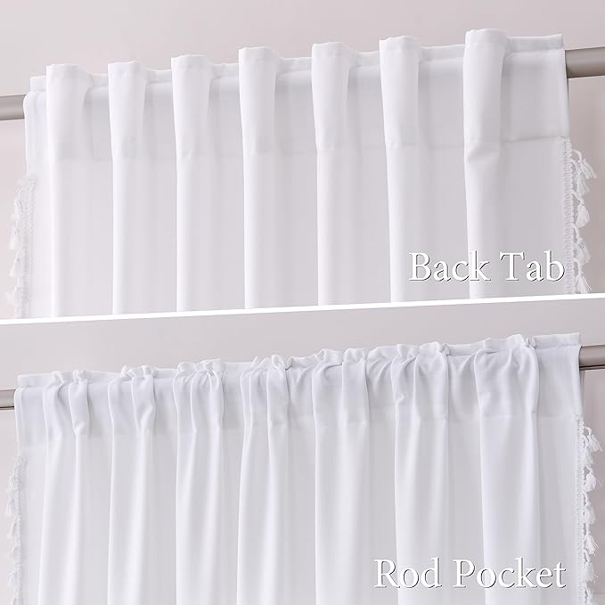 White Linen Boho Curtains 2 Panels 84 Inches Long Semi Sheer Privacy Curtains Tassel Back Tab Top Light Filtering Neutral Farmhouse Curtain for Living Room Bedroom 52x84