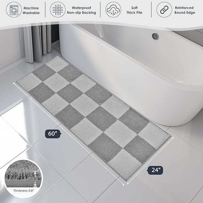 PURRUGS Bathroom Rug Non-Slip Machine Washable 24" x 60", Super Absorbent and Quick-Dry Bath Mat, Extra Soft and Plush Bath Rug for Shower, Bathtub and Sink, Light Grey & Grey