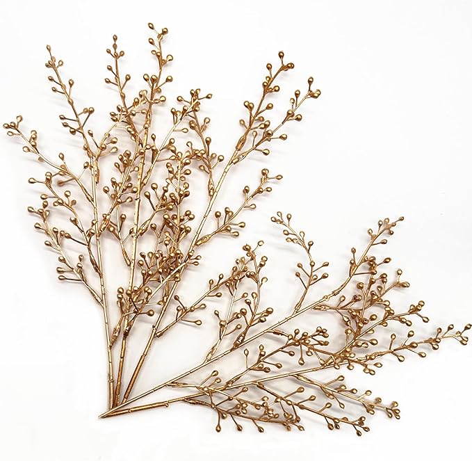Artificial Golden Berry Stem Decor, Faux Glitter Flowers Stems Branches Plants Fake Berries Sticks Plant for Indoor Wedding Bouquet Party Wreath Crafts Gift Christmas Tree DIY Decoration - Gold 6 Pcs