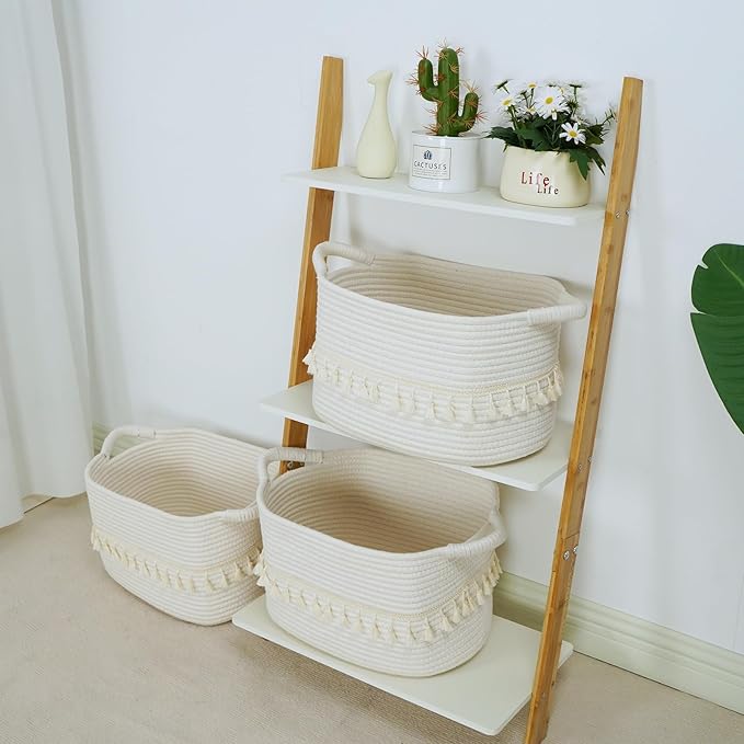 TeoKJ White Cotton Ropen Baskets for Storage, Set of 3 Woven Clothes Basket for Organizing and Storage, Blanket Basket for Living Room Laundry Bathroom Shelves
