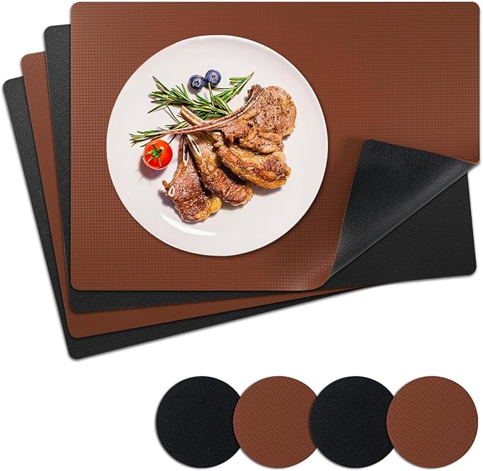 Placemats Set of 4 with Coasters Dual Sided Heat Stain Resistant Place Mats Faux Leather Table Mats Non-Slip Waterproof Oil-Proof Washable Wipeable Table Placemats for Dining Patio Table Kitchen…