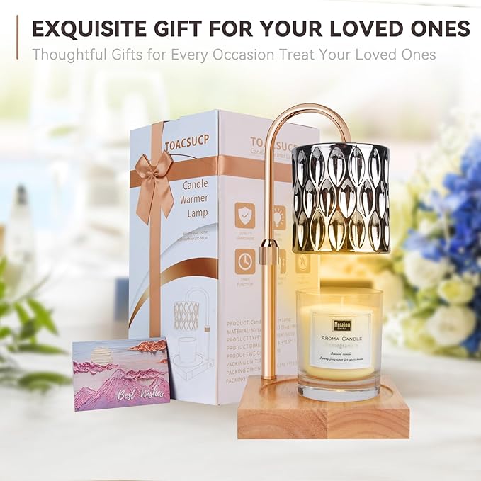 Candle Warmer Lamp with 3 Bulbs, Adjustable Height Dimmable Candle Warmer with Timer, Compatible with Large Jar Candles, Candle Lamp with Charming Gift Box Ribbon for Her/Him
