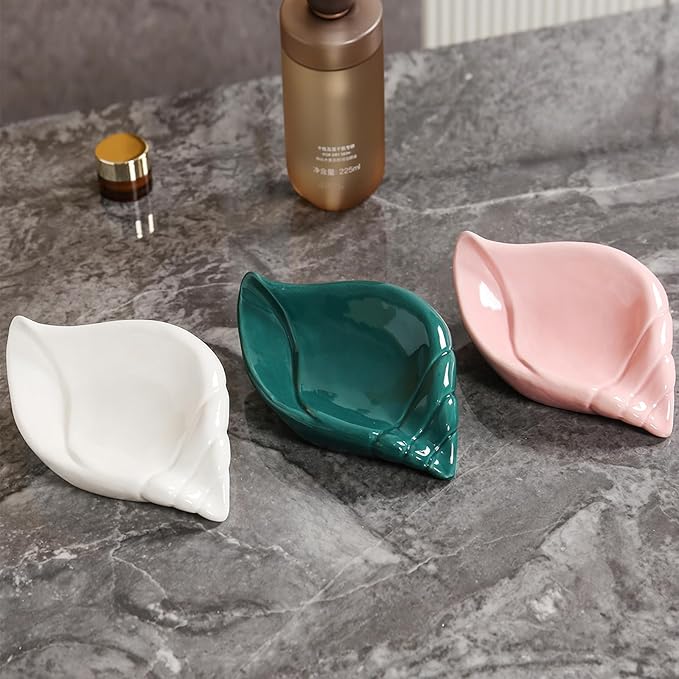 Sea-Shell Soap Holder, Ceramic Soap Tray with Self Draining, Soap Tray for Sink Washroom Bathroom Shower, Small Cute and Elegant Holder with Glaze, Easy Cleaning (Green)