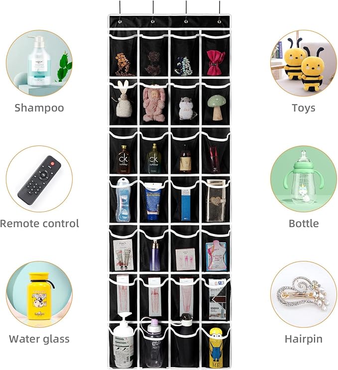 28 Pockets Over the Door Shoe Organzier, Hanging Shoe Organizer for Door Large Capacity Shoe Storage Bag with 4 Metal Hooks (Black-1Pack)