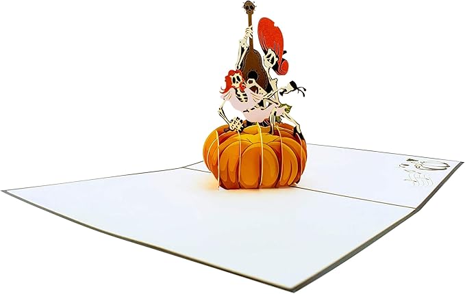 iGifts And Cards Day of the Dead Pop-Up Card – 3D Música de Calacas on Pumpkin – 6" × 8" Laser-Cut Greeting for Día de los Muertos, Remembrance & Celebration