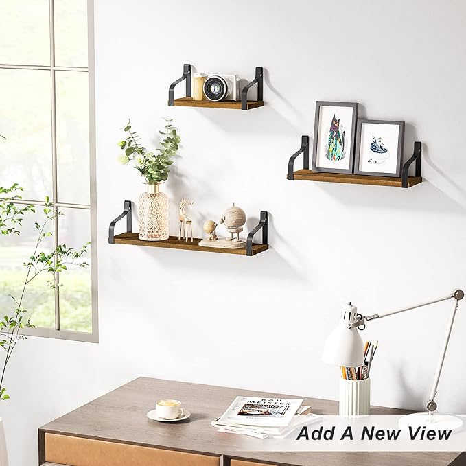 Love-KANKEI Floating Storage Wall Shelves Mounted Set of 3, Rustic Wood for Bedroom, Living Room, Bathroom, Kitchen and More Light Walnut