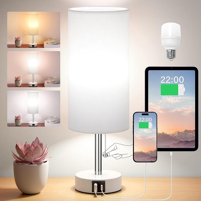 Hong-in Nightstand Lamp with 3 Color Modes - White Lamp for Bedroom with USB-C USB-A Charging Ports, 3000/4000/5000k Bedside Lamps by Pull Chain, Small Table Lamp for Bedroom, Office, Living Room