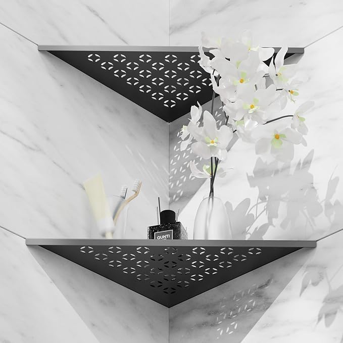 10" Shower Corner Shelf 2-Pack, 304 Stainless Steel Recessed Organizer Corner Shelves for Inside Shower Decor, Slot Design Bathroom Shelves for Tiled Wall, Black (Star)