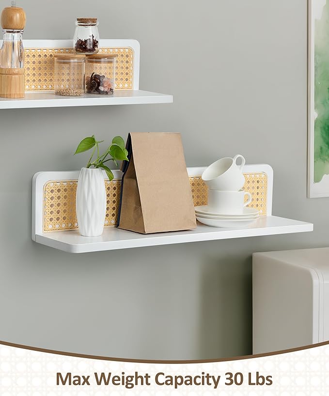 Rattan Floating Shelves, 23.6 Inch Boho Cane Webbing Wall Shelves Farmhouse Display Storage Organizer White Bookshelves Wicker Room Decor for Living Room Bedroom Entryway Hallway, Set of 2