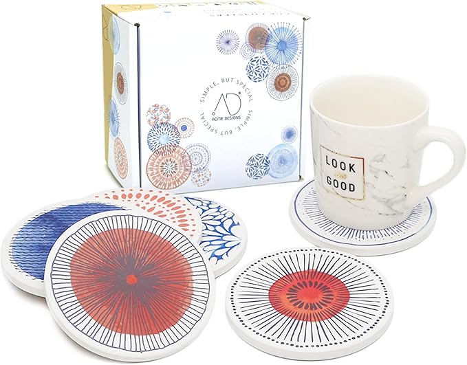 AD Set of 6 Coasters for Drinks Absorbing Round Ceramic Stone Coaster with Cork Base Tabletop Protection Mat for Mugs and Cups,Office,Kitchen (Colorful 2 with Holder)