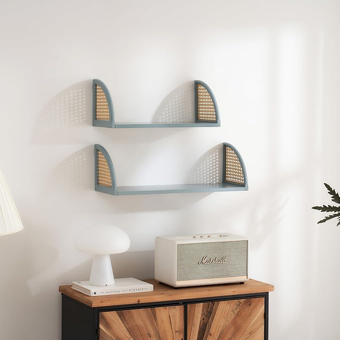 Rattan Wall Shelf 16 inch Floating Shelves Rustic Wood Wall Mounted Storage Shelves for Living Room Bathroom Kitchen Boho Wall Decor,Blue