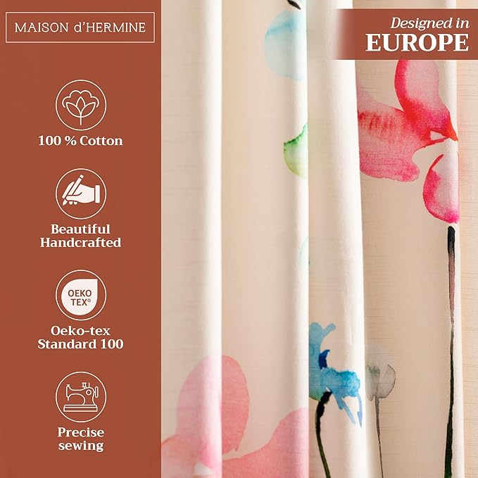 Maison d' Hermine Curtains for Living Room 100% Cotton 108 inch Length One Panel Light Filtering Curtains for Bedroom Windows with Rod and Loop Pockets Drapes (Delphinium Beige, 50" W x 108" L)