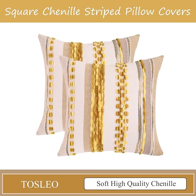 Tosleo Decorative Throw Pillow Covers 18x18 Set of 2 Boho Chenille Tufted Pillow Cover Textured Pillow Covers Striped Pillowcases Accent Pillow Cases Farmhouse Cushion Case for Sofa Couch,Yellow