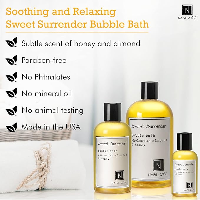 Sweet Surrender Travel Size Bubble Bath with Almond & Honey Scent by Nabila K - Essential Oils, Natural Ingredients for Sensitive Skin, Gentle, Moisturizing - Luxury for Women & Men, 2 oz