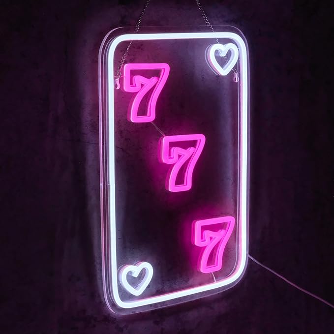 Lucky 777 Neon Sign for Wall Decor Dimmable Pink Poker Led Lights Signs for Bedroom Luck Seven Neon Light for Game Room Living Room Party Decoration Birthday Gift for Kids Girl