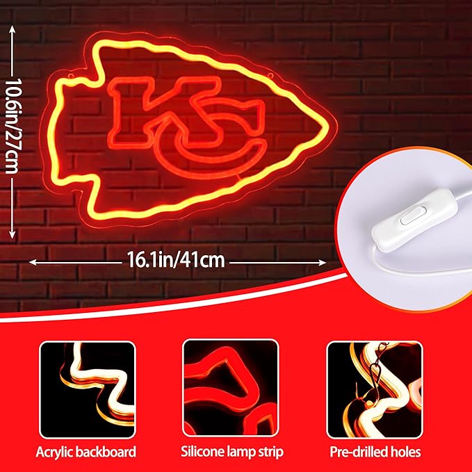 Chief Neon Sign for Wall Decor Football Neon Light for Man Cave or Garage Birthday Gifts for Men with Football or Rugby Team Logo Sign for Bar Dorm Party Game Room Size 16.1 * 10.6In(ZYLD058)