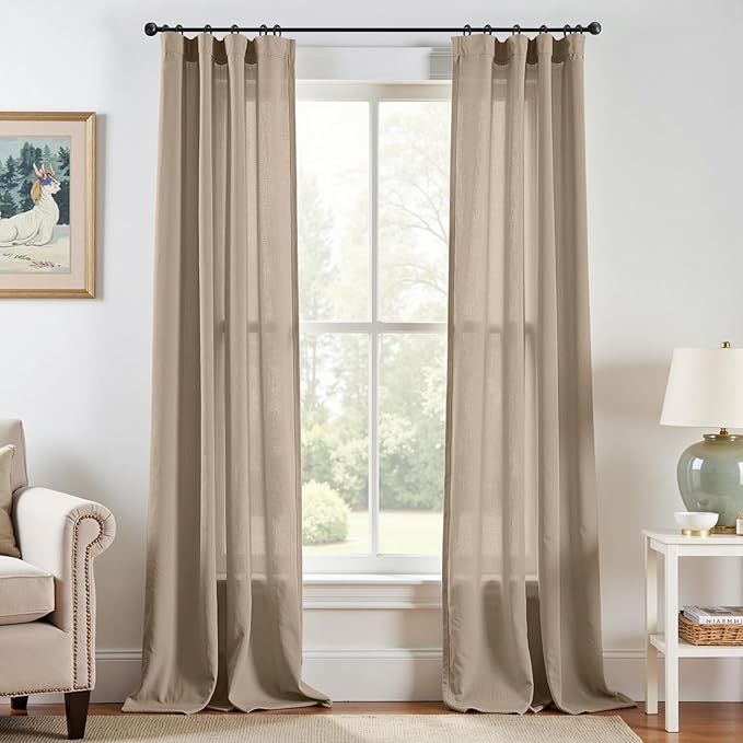 jinchan Linen Blend Curtains 96 inch Length 2 Panels for Bedroom Living Room, Light Filtering 38 inch Wide Farmhouse Drapes with Rod Pocket Back Tab(38W x 96L, Taupe)