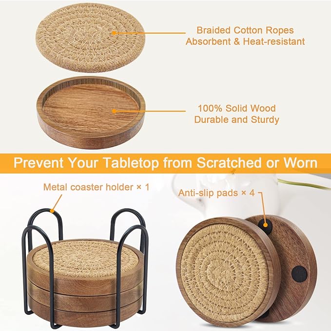Woven Coasters Set of 5, Wooden Coasters with Holder for Coffee Table, Housewarming Gift for Farmhouse Home Decor, 4 inches