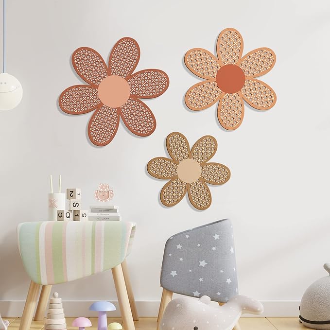 Maitys 3 Pieces Boho Daisy Wall Decor Natural Rattan Flower Wall Hanging Art Wooden Boho Art Nursery Flowers Farmhouse Hanging Decor for Home Office Nursery(Fresh Color)