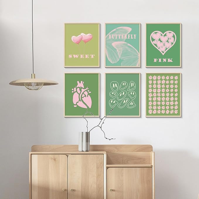 InSimSea Sweet Heart Preppy Wall Decor Aesthetic Wall Pictures for Living Room Pink Green Boho Wall Art Prints Set Danish Pastel Flower Butterfly Wall Posters Collage Abstract Home Decor Bedroom