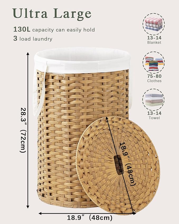 Large Laundry Hamper Laundry Basket Round 34.3 Gal (130 L) Handwoven Wicker Laundry Baskets Rattan Laundry Basket with Laundry Bag Handles 2 Mesh Bags for Living Room Bedroom Natural