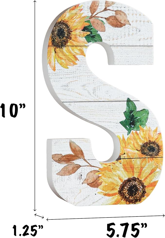 COLLECTIVE HOME - 10" Wood Lettes for Wall Decor, Sunflower Tabletop Alphabet Decoration, DIY Farmhouse Decor, Rustic Freestanding Monogram Block (S)