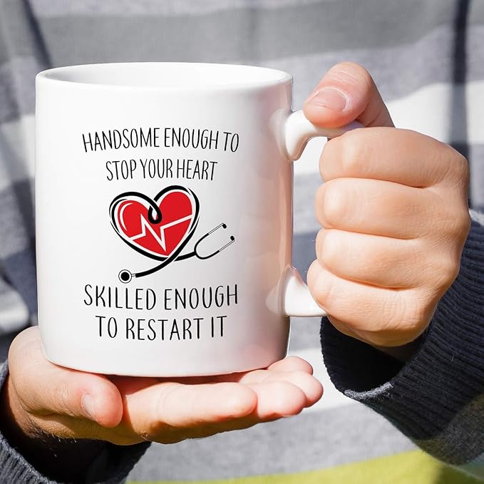 Retreez Funny Mug - Handsome Enough To Stop Your Heart Skilled to Restart It Doctor 11 Oz Ceramic Coffee Mugs - Funny, Sarcasm, Motivational, Inspirational birthday gifts for medics, friends coworkers