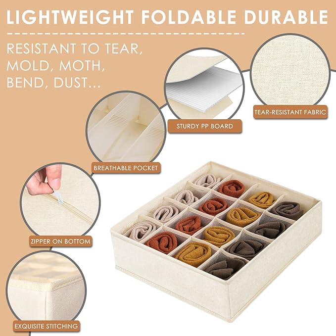 3 Pack Bra Underwear Drawer Organizer Dividers, 26 Cell Fabric Foldable Dresser Closet Organizers and Storage Boxes for Baby Clothes, Bra, Socks, Underwear, Ties (5+5+16 Slots, Beige)