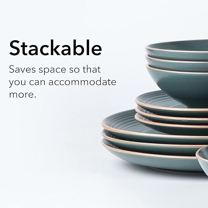 RINGAR Round Stoneware 16pc Dinnerware Set of 4, Dinner Plates, Side Plates, Cereal Bowls, Mugs - Speckle Matte Green (434540)
